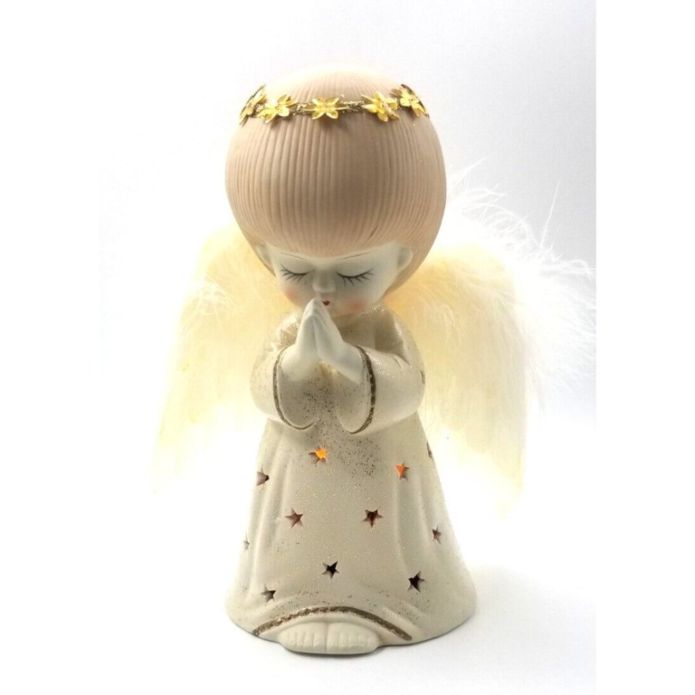 Fiber Optic Praying Baby Ceramic Color Changing Angel with Wings and Halo